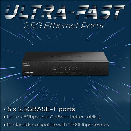 TRENDnet 5-Port Unmanaged 2.5G Gaming Switch, TEG-S350, 5 x 2.5GBASE-T Ports, 25Gbps Switching Capacity, Ethernet Splitter, NDAA & TAA Compliant, Fanless, Wall Mountable, Lifetime Protection, Black