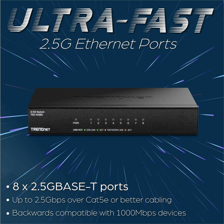 TRENDnet 8-Port Unmanaged 2.5G Switch, 8 x 2.5GBASE-T Ports, 40Gbps Switching Capacity, Backwards Compatible with 1000Mbps Devices, Fanless, Wall Mountable, Black, TEG-S380