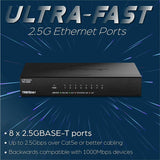 TRENDnet 8-Port Unmanaged 2.5G Gaming Switch, TEG-S380, 8 x 2.5GBASE-T Ports, 40Gbps Switching Capacity, Ethernet Splitter, NDAA & TAA Compliant, Fanless, Wall Mountable, Lifetime Protection, Black
