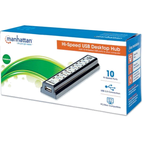 Manhattan USB-A 10-Port Desktop Hub, 10x USB-A Ports, 480 Mbps (USB 2.0), Bus or AC Power, Hi-Speed USB, Black, Three Year Warranty, Boxed (With Euro 2-pin plug)