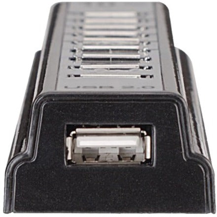Manhattan USB-A 10-Port Desktop Hub, 10x USB-A Ports, 480 Mbps (USB 2.0), Bus or AC Power, Hi-Speed USB, Black, Three Year Warranty, Boxed (With Euro 2-pin plug)