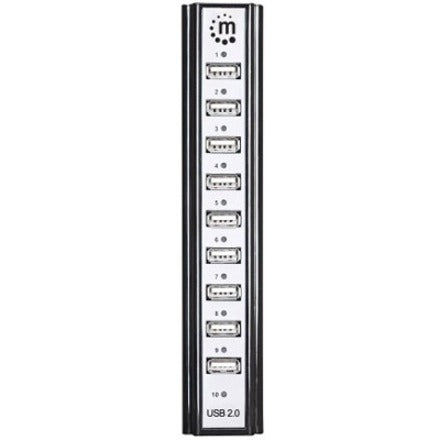 Manhattan USB-A 10-Port Desktop Hub, 10x USB-A Ports, 480 Mbps (USB 2.0), Bus or AC Power, Hi-Speed USB, Black, Three Year Warranty, Boxed (With Euro 2-pin plug)