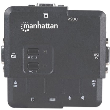 Manhattan KVM Switch Compact 2-Port, 2x USB-A, Cables included, Audio Support, Control 2x computers from one pc/mouse/screen, Black, Lifetime Warranty, Boxed