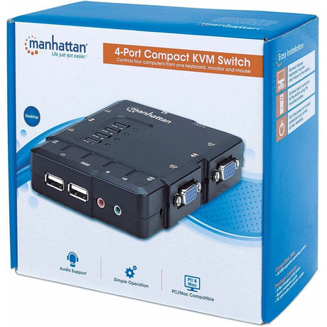 Manhattan KVM Switch Compact 4-Port, 4x USB-A, Cables included, Audio Support, Control 4x computers from one pc/mouse/screen, Black, Lifetime Warranty, Boxed