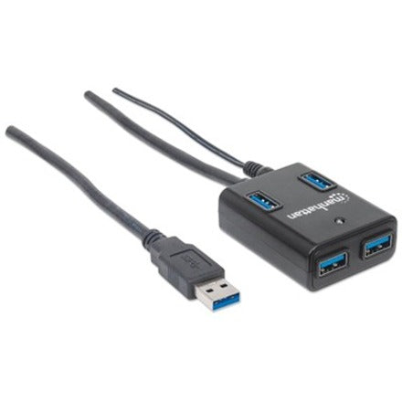 Manhattan USB-A 4-Port Hub, 4x USB-A Ports, 5 Gbps (USB 3.2 Gen1 aka USB 3.0), AC or Bus Power, Fast charge up to 0.9A per port with inc power adapter, SuperSpeed USB, Black, Three Year Warranty, Blister (With Euro 2-pin plug)