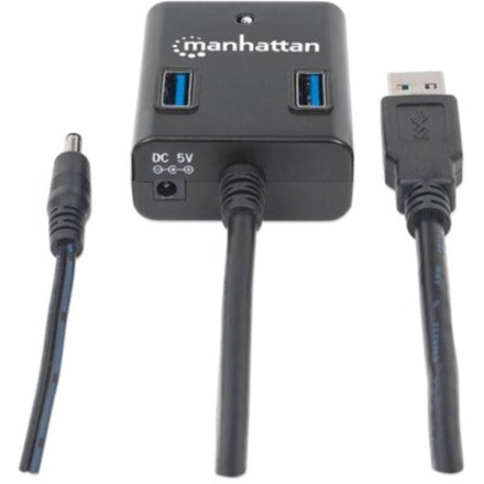 Manhattan USB-A 4-Port Hub, 4x USB-A Ports, 5 Gbps (USB 3.2 Gen1 aka USB 3.0), AC or Bus Power, Fast charge up to 0.9A per port with inc power adapter, SuperSpeed USB, Black, Three Year Warranty, Blister (With Euro 2-pin plug)