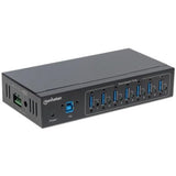 Manhattan USB-A 7-Port Hub Industrial, 7x USB-A Ports, 5 Gbps (USB 3.2 Gen1 aka USB 3.0), 20 kV ESD Protection, A/C, Bus and Terminal-Block Power Options, DIN Rail, Wall Mountable, Metal Housing, Screw-Lock Security, SuperSpeed USB, Black, Three Year Warr