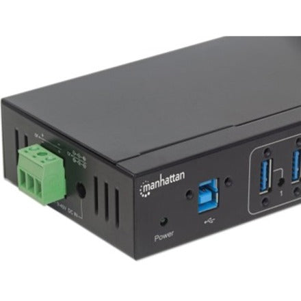 Manhattan USB-A 7-Port Hub Industrial, 7x USB-A Ports, 5 Gbps (USB 3.2 Gen1 aka USB 3.0), 20 kV ESD Protection, A/C, Bus and Terminal-Block Power Options, DIN Rail, Wall Mountable, Metal Housing, Screw-Lock Security, SuperSpeed USB, Black, Three Year Warr
