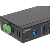 Manhattan USB-A 7-Port Hub Industrial, 7x USB-A Ports, 5 Gbps (USB 3.2 Gen1 aka USB 3.0), 20 kV ESD Protection, A/C, Bus and Terminal-Block Power Options, DIN Rail, Wall Mountable, Metal Housing, Screw-Lock Security, SuperSpeed USB, Black, Three Year Warr