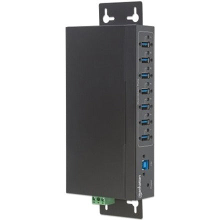 Manhattan USB-A 7-Port Hub Industrial, 7x USB-A Ports, 5 Gbps (USB 3.2 Gen1 aka USB 3.0), 20 kV ESD Protection, A/C, Bus and Terminal-Block Power Options, DIN Rail, Wall Mountable, Metal Housing, Screw-Lock Security, SuperSpeed USB, Black, Three Year Warr