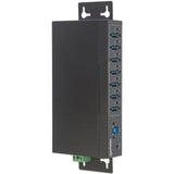 Manhattan USB-A 7-Port Hub Industrial, 7x USB-A Ports, 5 Gbps (USB 3.2 Gen1 aka USB 3.0), 20 kV ESD Protection, A/C, Bus and Terminal-Block Power Options, DIN Rail, Wall Mountable, Metal Housing, Screw-Lock Security, SuperSpeed USB, Black, Three Year Warr