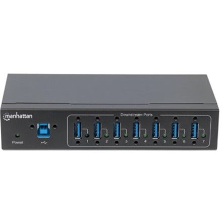 Manhattan USB-A 7-Port Hub Industrial, 7x USB-A Ports, 5 Gbps (USB 3.2 Gen1 aka USB 3.0), 20 kV ESD Protection, A/C, Bus and Terminal-Block Power Options, DIN Rail, Wall Mountable, Metal Housing, Screw-Lock Security, SuperSpeed USB, Black, Three Year Warr