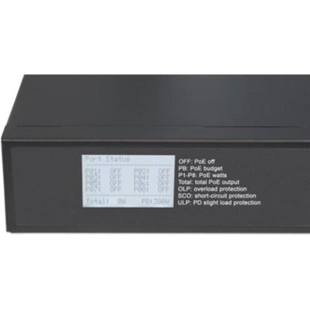 Intellinet 8-Port Gigabit Ethernet Ultra PoE Switch with 4 Uplink Ports and LCD Screen, 8 x PoE ports, IEEE 802.3bt Power over Ethernet (Ultra PoE), 2 x RJ45 Uplink, 2 x SFP Uplink, 380 W, Endspan, 19" Rackmount (With C14 2 Pin Euro Power Cord), Box