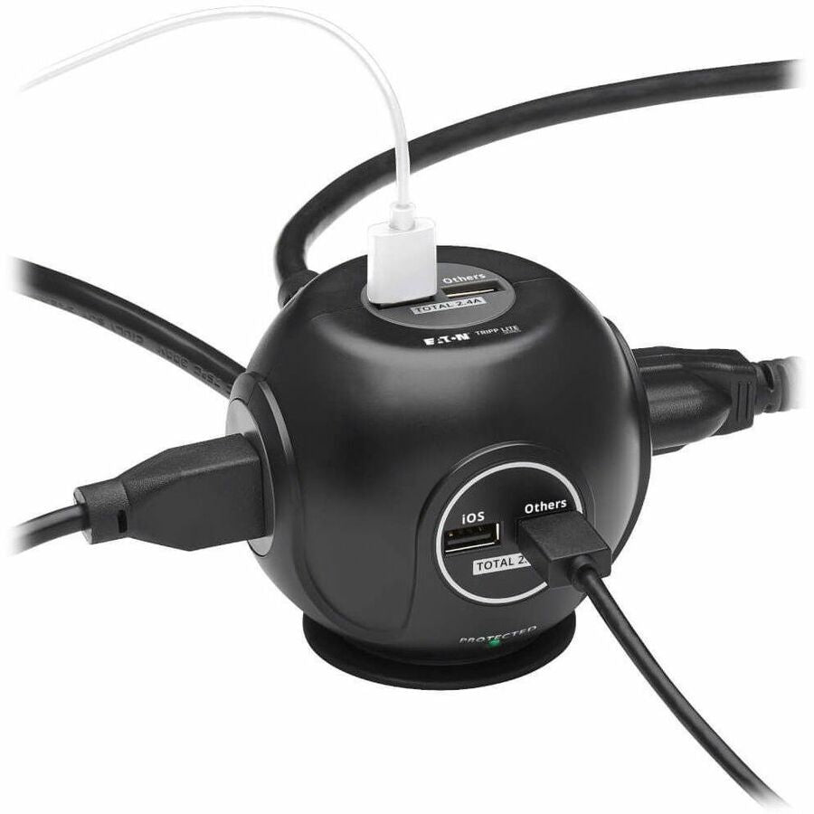 Eaton Tripp Lite Series 3-Outlet Spherical Surge Protector, 4 USB Ports (4.8A Shared) - 6 ft. (1.83 m) Cord, 5-15P Plug, 540 Joules, Black