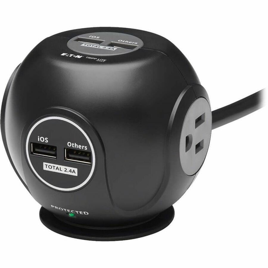 Eaton Tripp Lite Series 3-Outlet Spherical Surge Protector, 4 USB Ports (4.8A Shared) - 6 ft. (1.83 m) Cord, 5-15P Plug, 540 Joules, Black