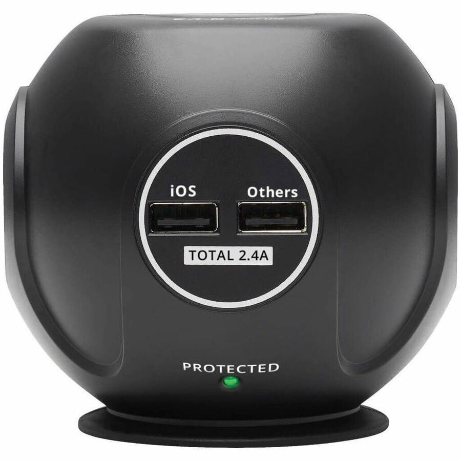 Eaton Tripp Lite Series 3-Outlet Spherical Surge Protector, 4 USB Ports (4.8A Shared) - 6 ft. (1.83 m) Cord, 5-15P Plug, 540 Joules, Black