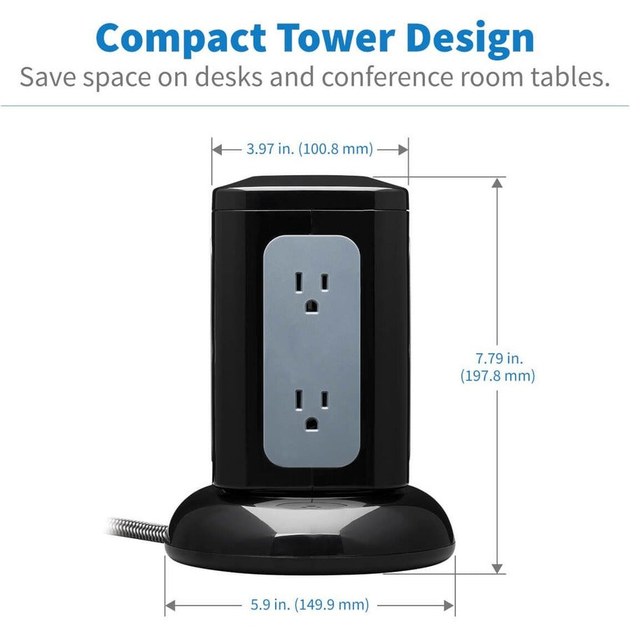 Eaton Tripp Lite Series 6-Outlet Surge Protector Tower, 3x USB-A, 1x USB-C, 8 ft. Cord, 5-15P Plug, 1800 Joules, Black