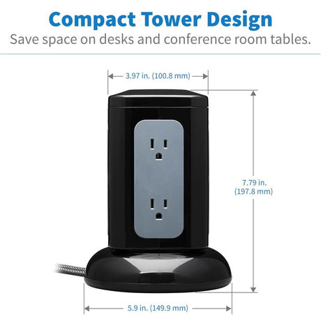 Eaton Tripp Lite Series 6-Outlet Surge Protector Tower, 3x USB-A, 1x USB-C, 8 ft. Cord, 5-15P Plug, 1800 Joules, Black