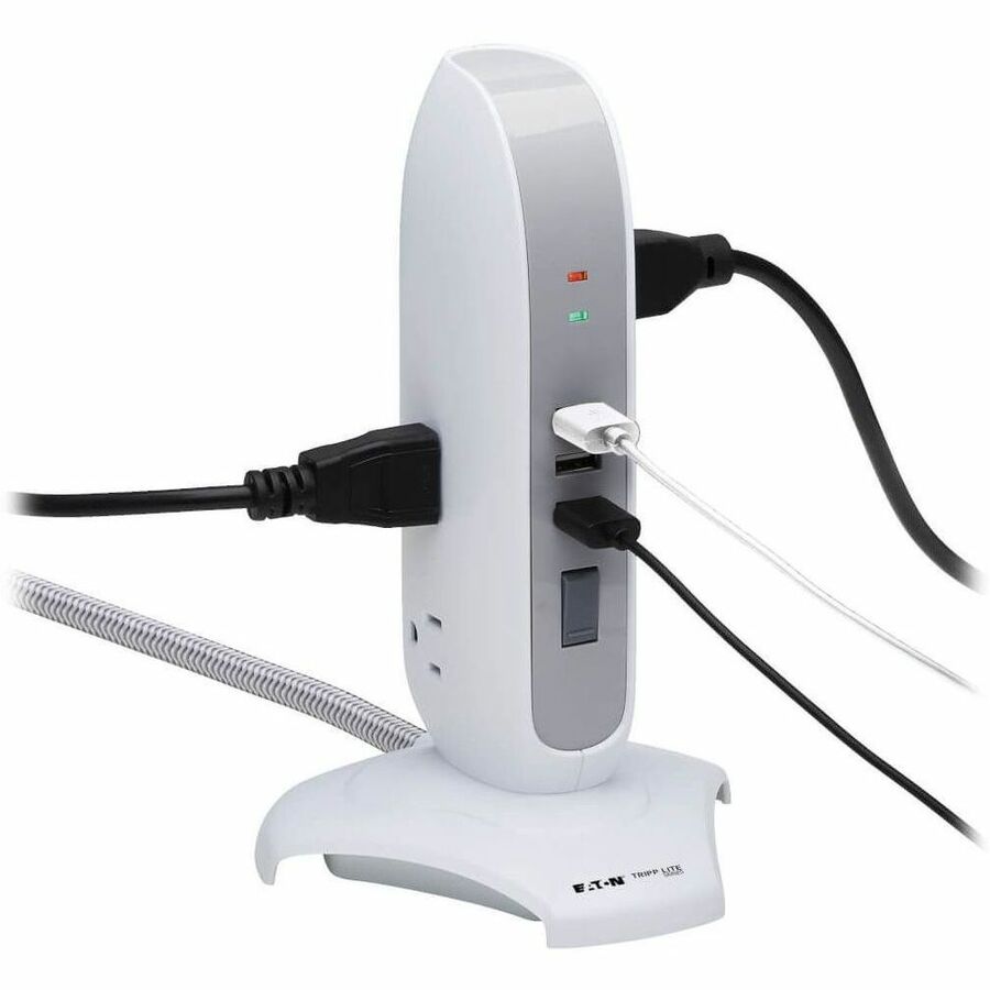 Eaton Tripp Lite Series 5-Outlet Surge Protector Tower, 3x USB Ports (3.1A Shared), 6 ft. Cord, 5-15P Plug, 1200 Joules, White