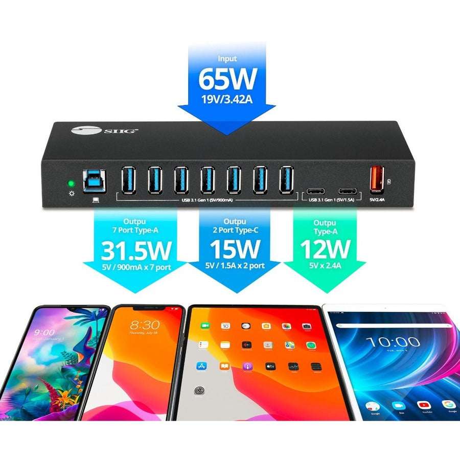 SIIG 10 Port Industrial USB 3.1 Gen 1 Hub with Dual USB-C & 65W Charging
