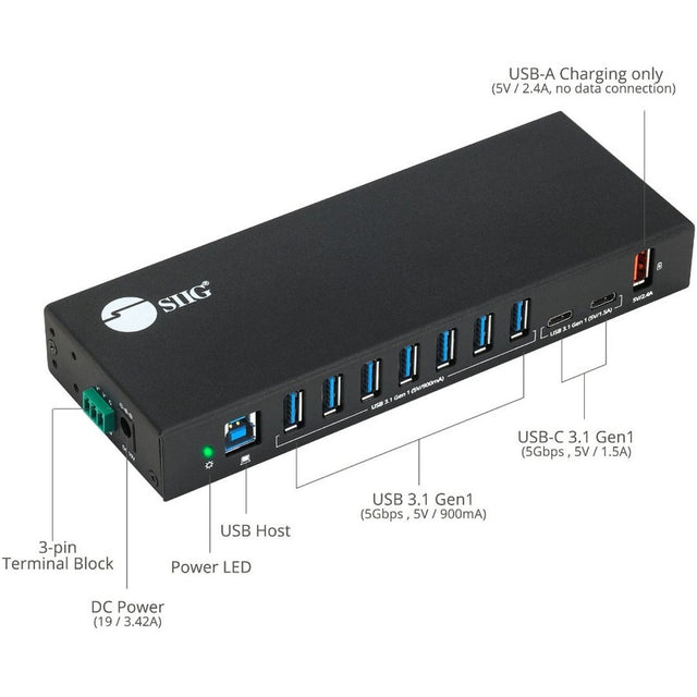 SIIG 10 Port Industrial USB 3.1 Gen 1 Hub with Dual USB-C & 65W Charging