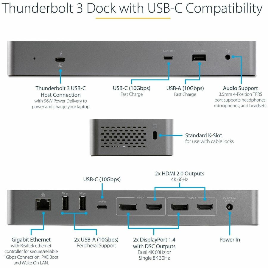 StarTech.com Thunderbolt Dock w/USB-C Host Compatibility - Dual 4K 60Hz DP 1.4 or HDMI TB/USB-C Docking Station - 1x 8K - 96W PD/5xUSB