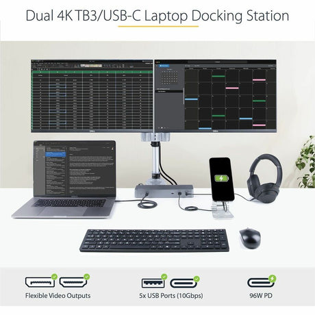 StarTech.com Thunderbolt Dock w/USB-C Host Compatibility - Dual 4K 60Hz DP 1.4 or HDMI TB/USB-C Docking Station - 1x 8K - 96W PD/5xUSB