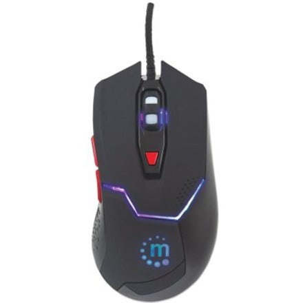 Manhattan Wired Optical Gaming USB-A Mouse with LEDs, 480 Mbps (USB 2.0), Six Button, Scroll Wheel, 800-2400dpi, Black with Red Buttons, Three Year Warranty