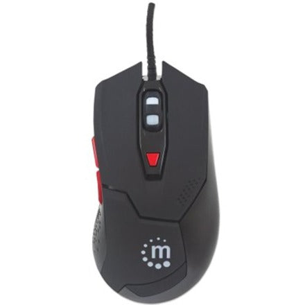 Manhattan Wired Optical Gaming USB-A Mouse with LEDs, 480 Mbps (USB 2.0), Six Button, Scroll Wheel, 800-2400dpi, Black with Red Buttons, Three Year Warranty