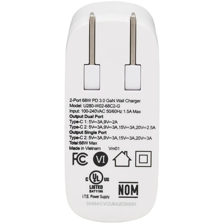 Eaton Tripp Lite Series Dual-Port Compact USB-C Wall Charger - GaN Technology, 68W PD Charging (50W+18W), White