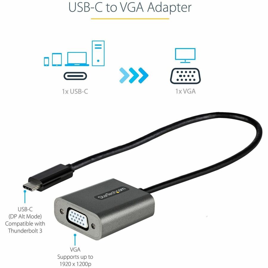 StarTech.com USB C to VGA Adapter, 1080p USB Type-C to VGA Adapter Dongle, USB-C to VGA Monitor/Display Video Converter, 12" Long Cable