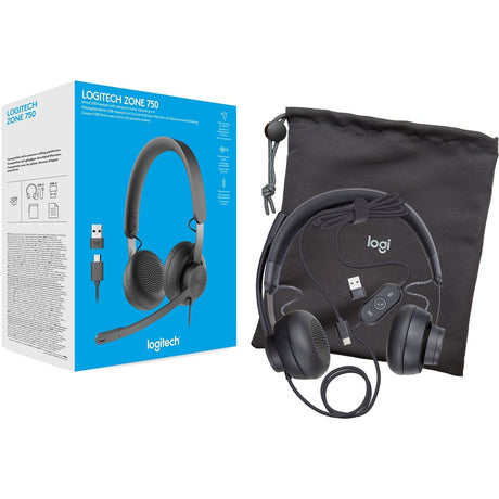 Logitech Zone 750 Wired On-Ear Headset with advanced noise-canceling microphone, simple USB-C and included USB-A adapter, plug-and-play compatibility for all devices