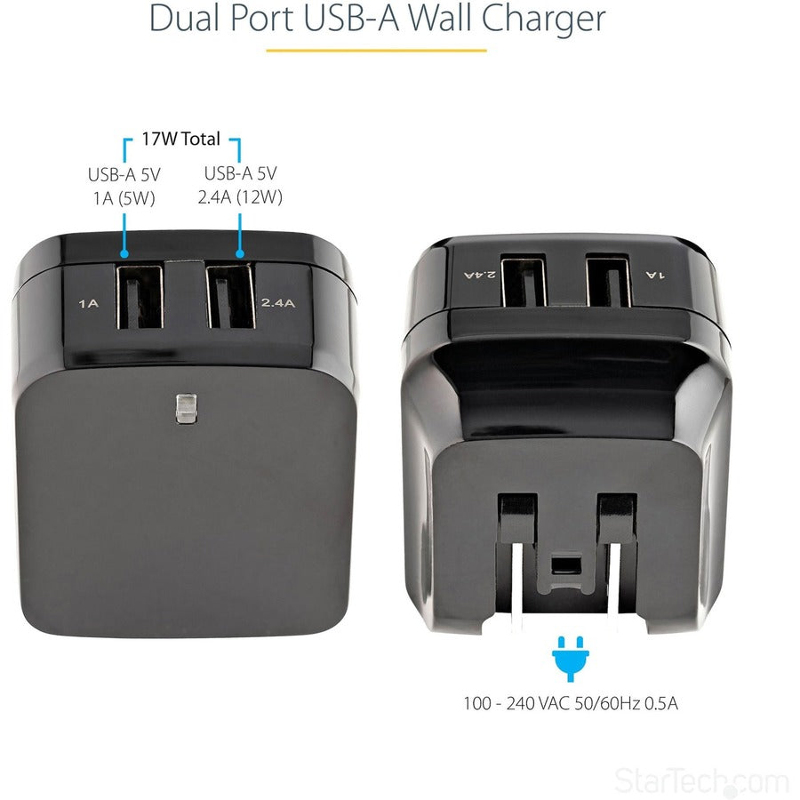 StarTech.com 2 Port USB Wall Charger, 17W Wall Charger Hub (2.4A & 1A port), Dual USB-A Power Adapter, Portable Charger for Phones/Tablets