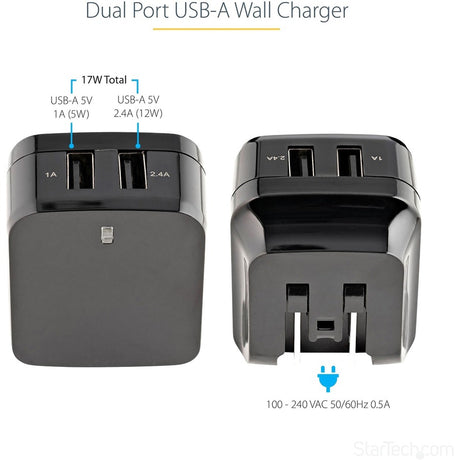 StarTech.com 2 Port USB Wall Charger, 17W Wall Charger Hub (2.4A & 1A port), Dual USB-A Power Adapter, Portable Charger for Phones/Tablets