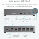 StarTech.com USB-C Dock, 4K 60Hz Quad Monitor DisplayPort & HDMI, Universal USB C Docking Station, 100W Power Delivery, USB Hub 1C/3A, GbE