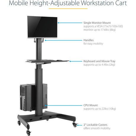 StarTech.com Mobile Standing Workstation with Monitor Mount, CPU/PC Holder, Height Adjustable Desktop Computer Cart, Standing Workstation