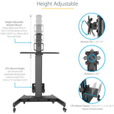 StarTech.com Mobile Standing Workstation with Monitor Mount, CPU/PC Holder, Height Adjustable Desktop Computer Cart, Standing Workstation