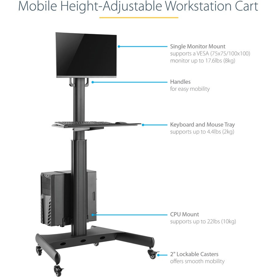 StarTech.com Mobile Standing Workstation with Monitor Mount, CPU/PC Holder, Height Adjustable Desktop Computer Cart, Standing Workstation