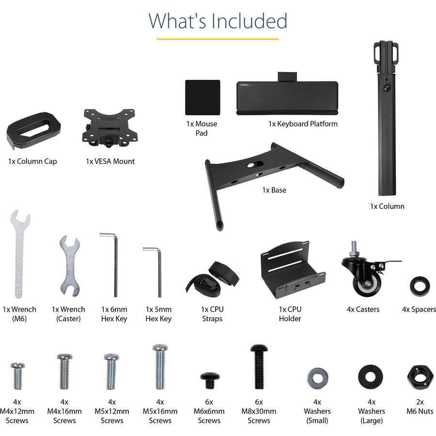 StarTech.com Mobile Standing Workstation with Monitor Mount, CPU/PC Holder, Height Adjustable Desktop Computer Cart, Standing Workstation
