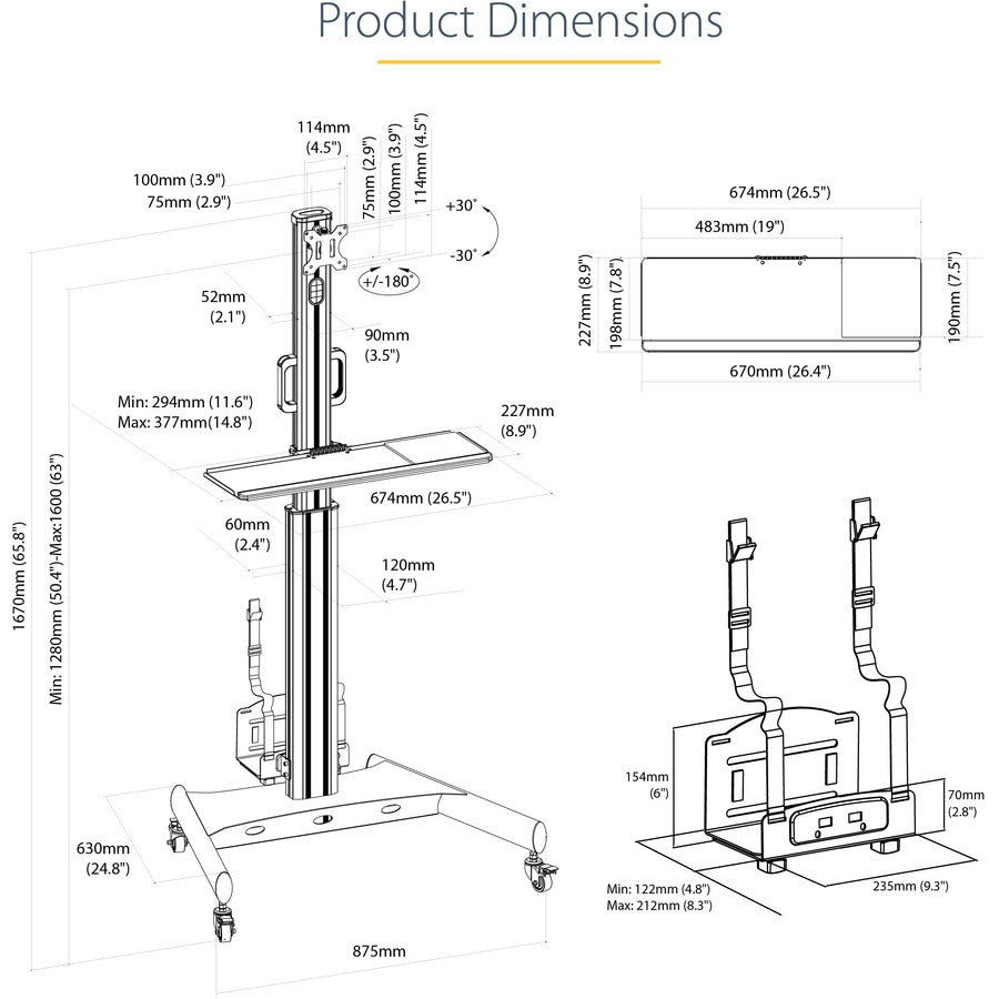 StarTech.com Mobile Standing Workstation with Monitor Mount, CPU/PC Holder, Height Adjustable Desktop Computer Cart, Standing Workstation