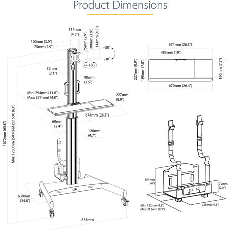 StarTech.com Mobile Standing Workstation with Monitor Mount, CPU/PC Holder, Height Adjustable Desktop Computer Cart, Standing Workstation