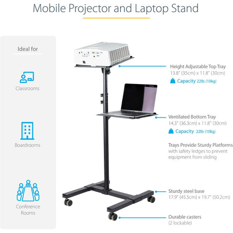 StarTech.com Mobile Projector and Laptop Stand/Cart, Heavy Duty Portable Projector Stand/Presentation Cart (22lb/shelf), Height Adjustable