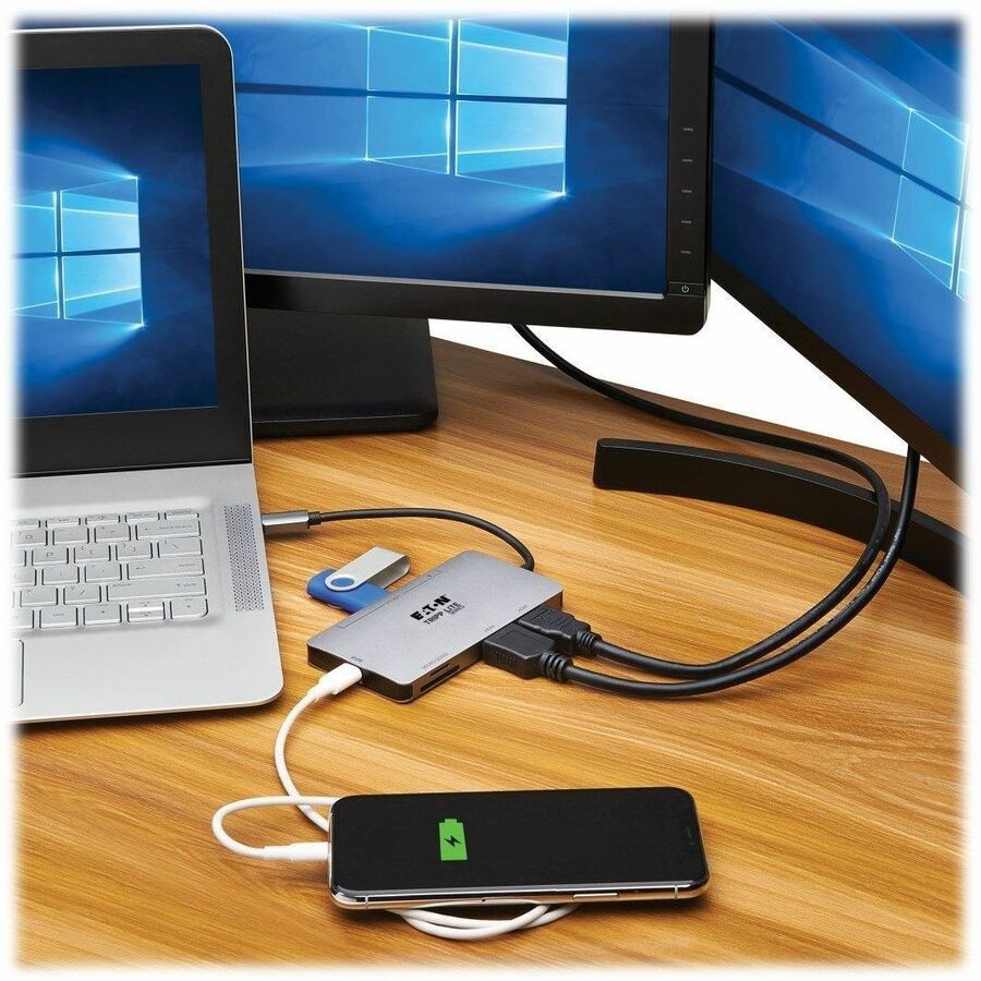 Eaton Tripp Lite Series USB-C Dock, Dual Display - 4K 60 Hz HDMI, USB 3.x (5Gbps) Hub Ports, Memory Card, 100W PD Charging, Gray