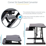 StarTech.com Corner Sit Stand Desk Converter with Keyboard Tray, Large Surface 35"x21" , Height Adjustable Ergonomic Tabletop Standing Desk
