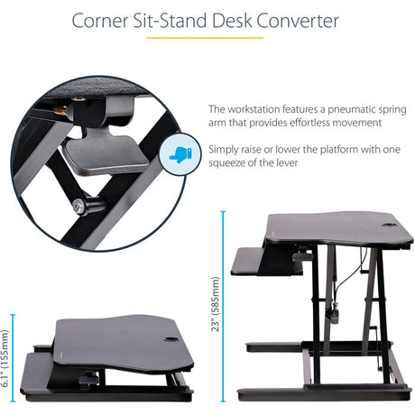 StarTech.com Corner Sit Stand Desk Converter with Keyboard Tray, Large Surface 35"x21" , Height Adjustable Ergonomic Tabletop Standing Desk