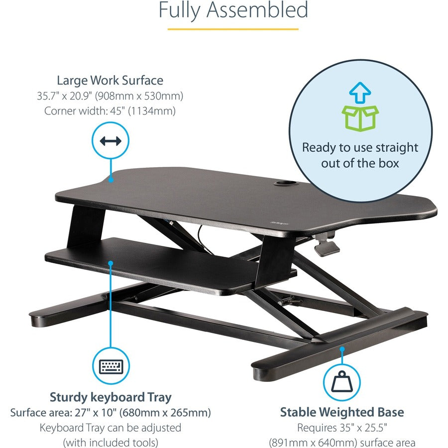 StarTech.com Corner Sit Stand Desk Converter with Keyboard Tray, Large Surface 35"x21" , Height Adjustable Ergonomic Tabletop Standing Desk