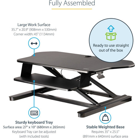 StarTech.com Corner Sit Stand Desk Converter with Keyboard Tray, Large Surface 35"x21" , Height Adjustable Ergonomic Tabletop Standing Desk