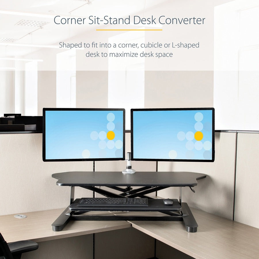 StarTech.com Corner Sit Stand Desk Converter with Keyboard Tray, Large Surface 35"x21" , Height Adjustable Ergonomic Tabletop Standing Desk