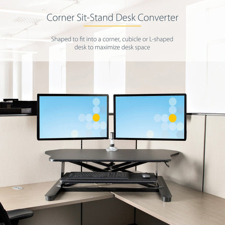 StarTech.com Corner Sit Stand Desk Converter with Keyboard Tray, Large Surface 35"x21" , Height Adjustable Ergonomic Tabletop Standing Desk