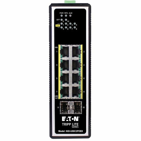 Eaton Tripp Lite Series 8-Port Unmanaged Industrial Gigabit Ethernet Switch - 10/100/1000 Mbps, PoE+ 30W, 2 GbE SFP Slots, -40&deg; to 75&deg;C, DIN Mount, TAA